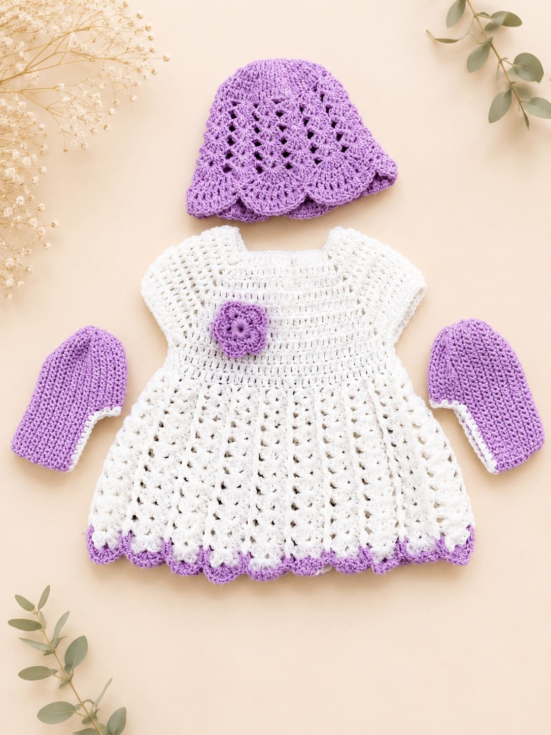 Baby Dress with Cap and Socks - Lavender