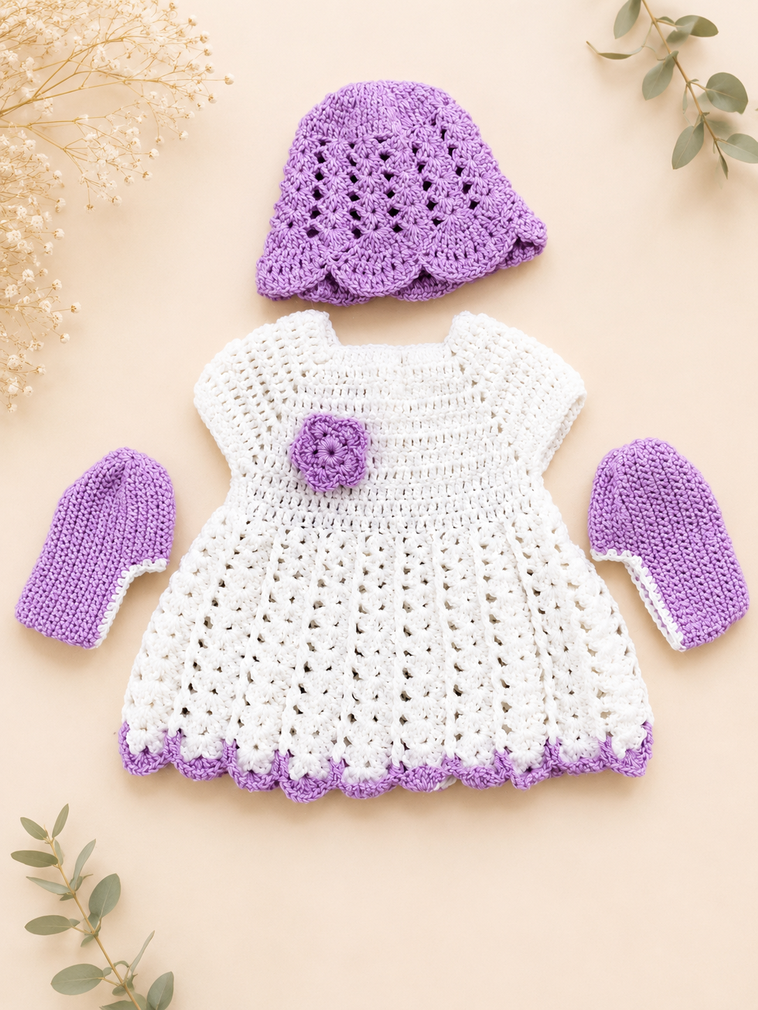 Baby Dress with Cap and Socks - Lavender