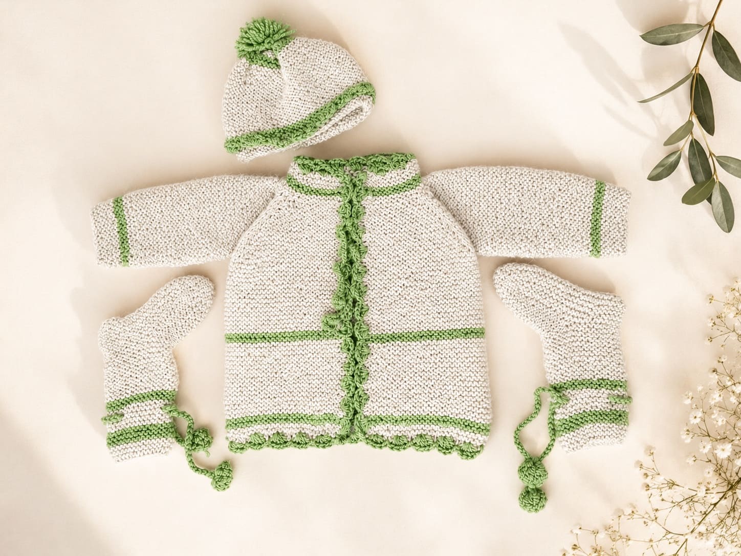 Baby Jacket with Cap and Socks - Offwhite-Mint