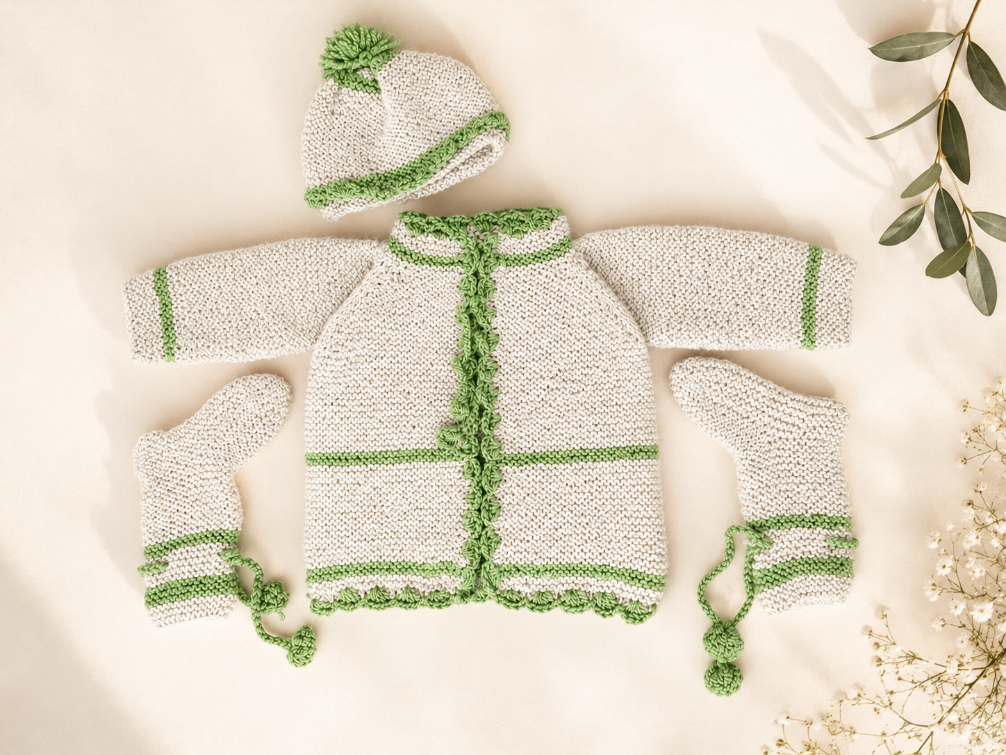 Baby Jacket with Cap and Socks - Offwhite-Mint
