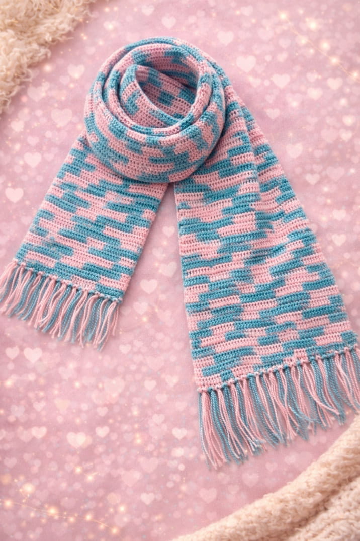 Winter Crochet Scarf - Blue and Pink