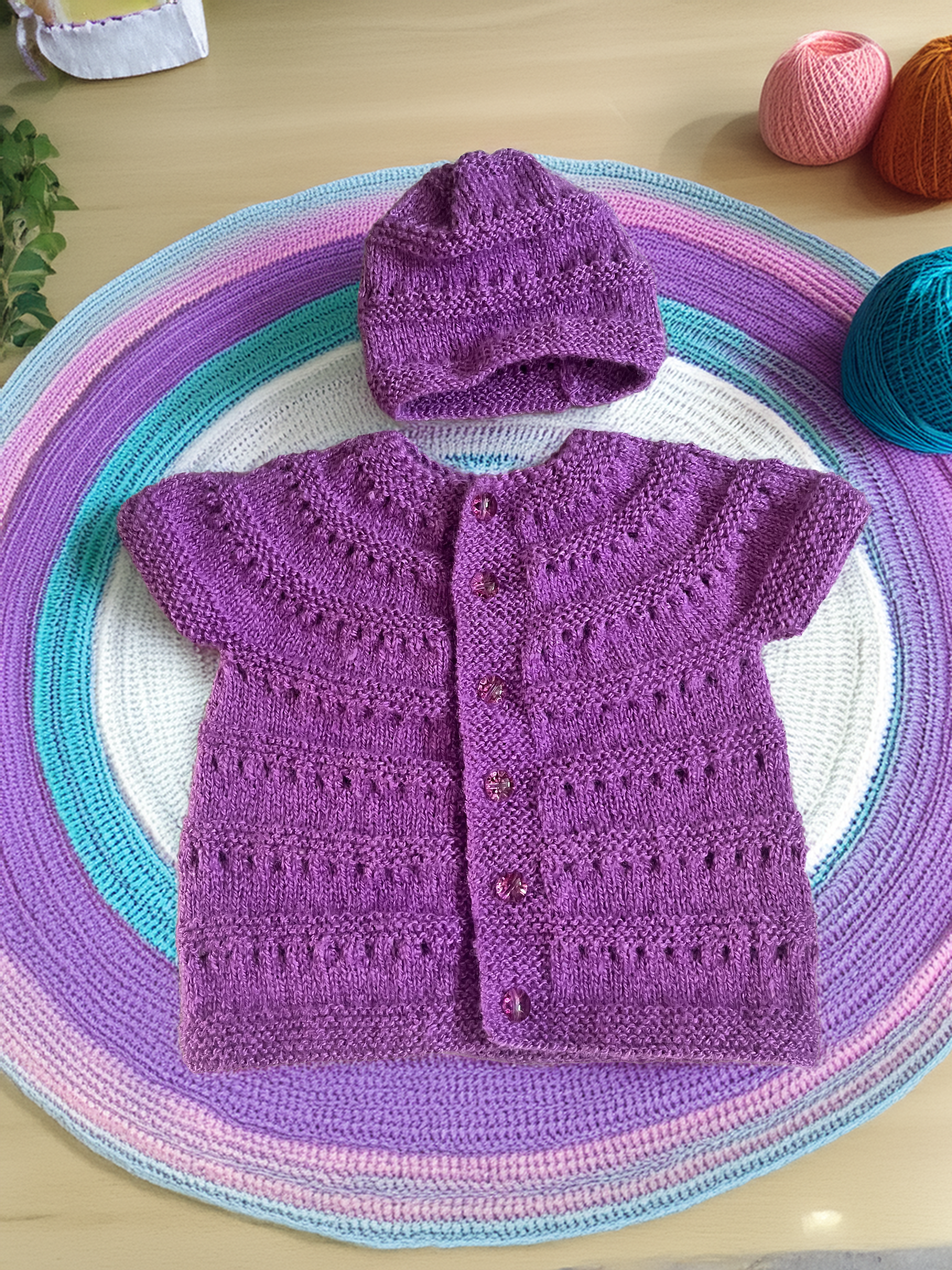 Small Baby Sweater with Cap - Purple
