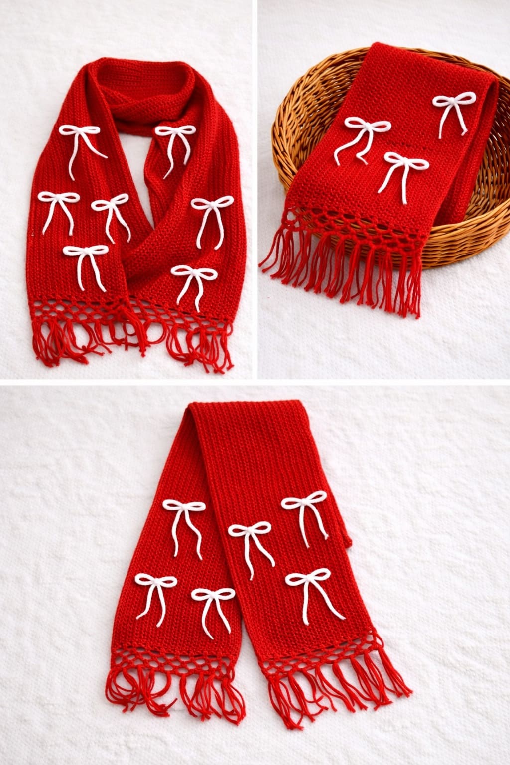 Winter Crochet Scarf with Bow - Red