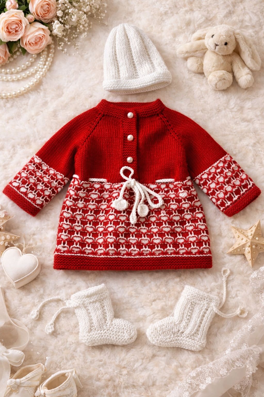 Baby Dress with Cap and Socks - Red and White