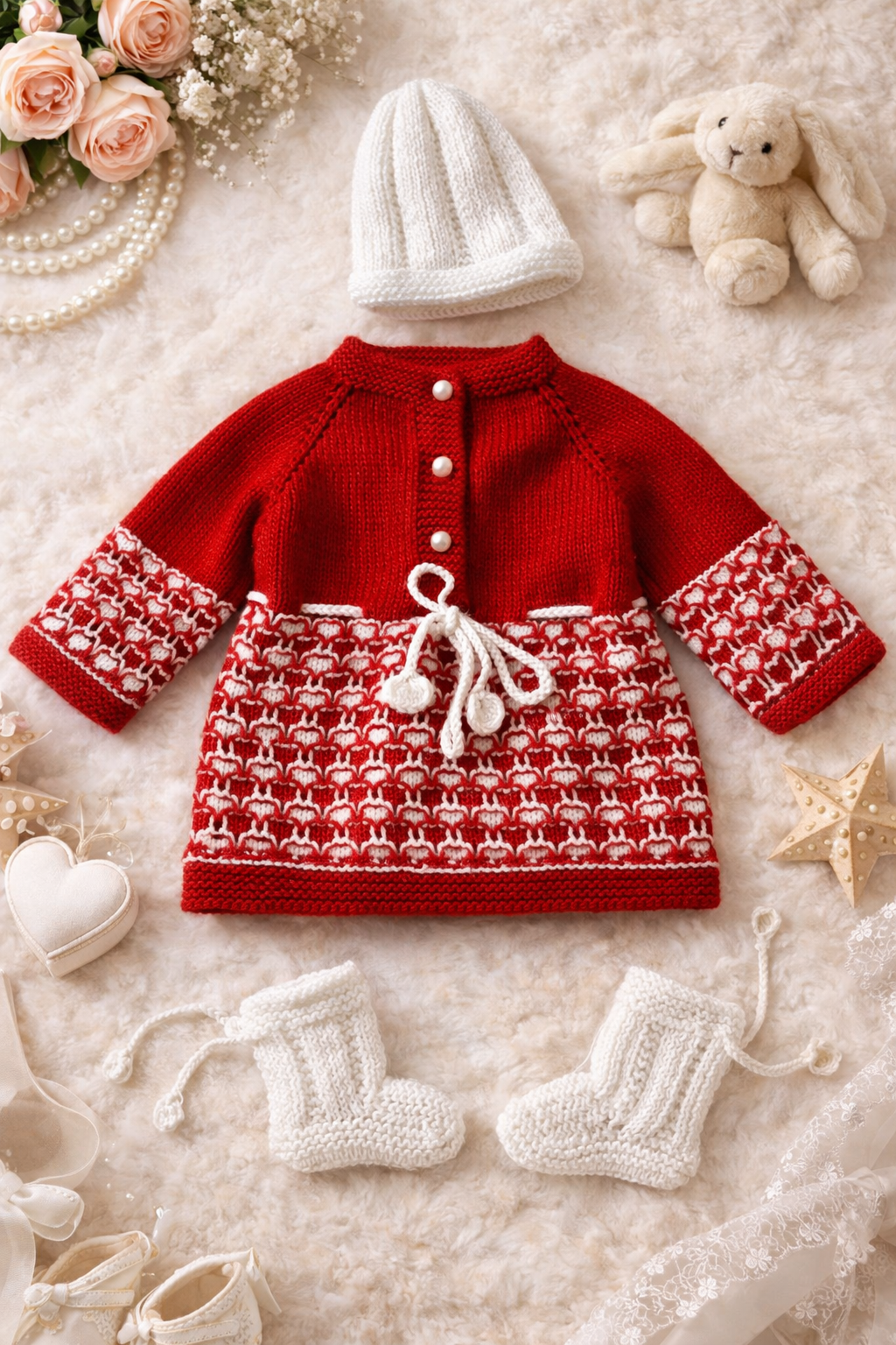 Baby Dress with Cap and Socks - Red and White