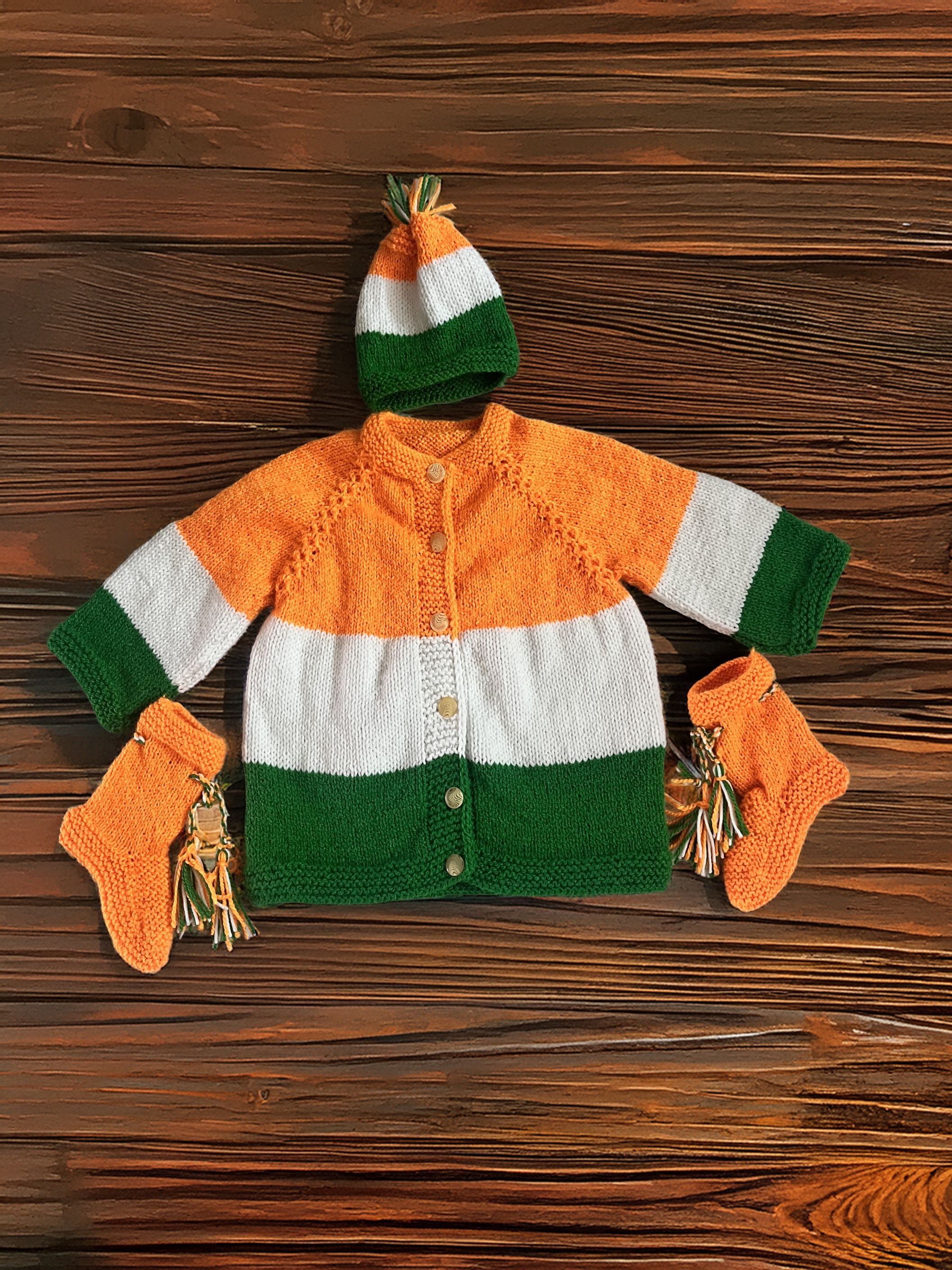 Tricolour Baby Sweater with Cap and Socks