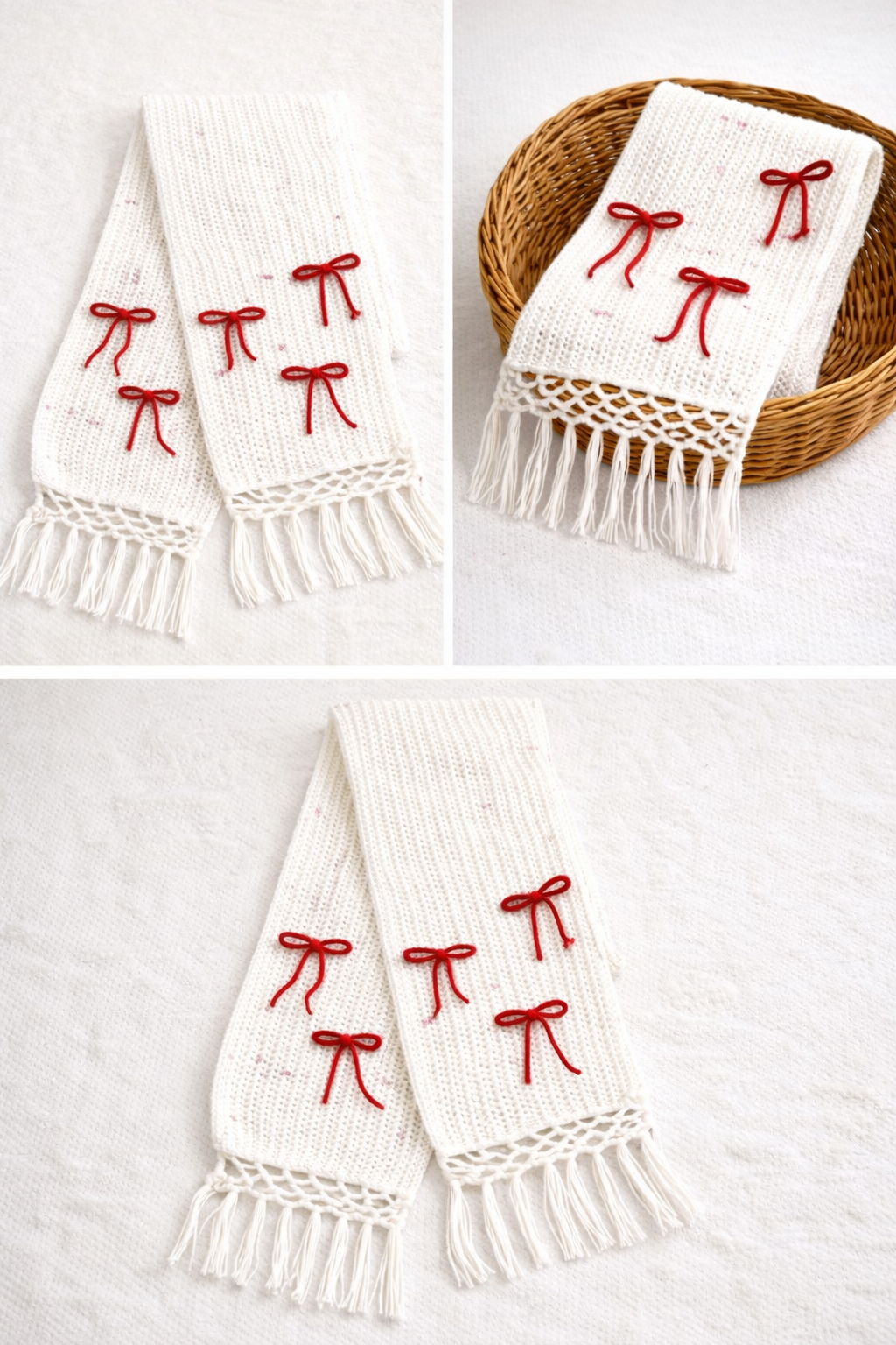 Winter Crochet Scarf with Bow - White